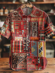 Men's Retro Western Aztec Patchwork Print Cotton Shirt