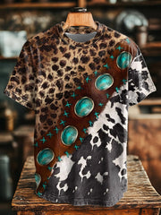 Men's Western Cowhide Gemstone Leather Printed T-Shirt