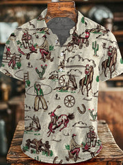 Men's Vintage Western Cowboys And Horses Print Casual Buttons Top