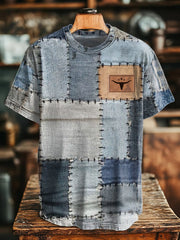 Men's Retro Western Bull Skull Denim Print T-Shirt