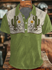 Men's Vintage Western Desert Cactus Bull Skull Print Casual Buttons Top