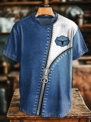 Men's Retro Western Bull Skull Denim Print T-Shirt