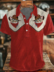 Men's Vintage Western Cowcat Print Casual Buttons Top