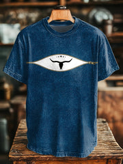 Men's Retro Western Bull Skull Denim Print T-Shirt