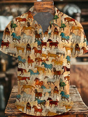 Men's Vintage Western Horses Print Casual Buttons Top