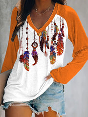 Women's Aboriginal feather print V-neck tops