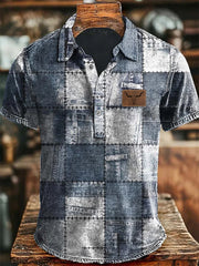Men's Retro Cowboy Bull Head Patchwork Print Casual Short Sleeve Top