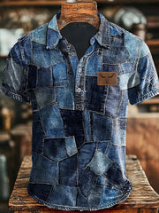 Men's Retro Cowboy Bull Head Patchwork Print Casual Short Sleeve Top
