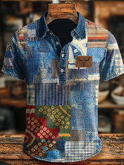 Men's Retro Cowboy Patchwork Bull Head Print Casual Short Sleeve Top