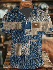 Men's Retro Cowboy Patchwork Bull Head Print Casual Short Sleeve Top