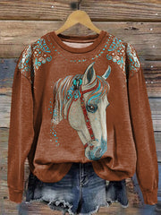 Women's Retro Western Horse Print Casual Sweatshirt