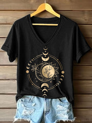 Women's Tribal Sun And Moon Print V-Neck T-Shirt