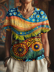 Women's Indigenous Botanical Art Print V-Neck Tops