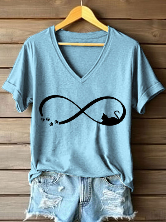 Women's Funny Cat Art Print V-Neck T-Shirt