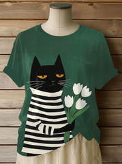 Women's Cat Art Print Casual T-shirt