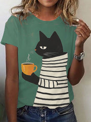 Women's Cat Art Print Casual T-shirt