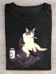 Women's Funny Cat Print Washed Short Sleeve T-Shirt