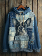 Denim Dog Print Art Casual Hoodie
