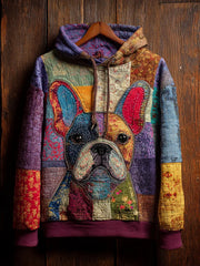 Vintage Patchwork Dog Print Art Casual Hoodie