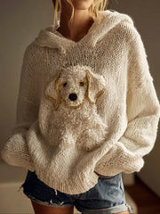 Women's Classic Fuzzy Golden Retriever Dog Felt Cozy Knit Hooded Sweater