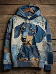 Denim Dog Print Art Casual Hoodie