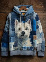 Denim Dog Print Art Casual Hoodie