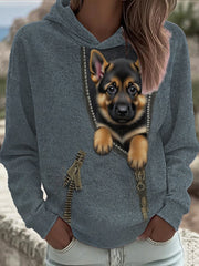 Women's Vintage Patchwork Dog Print Art Casual Hoodie