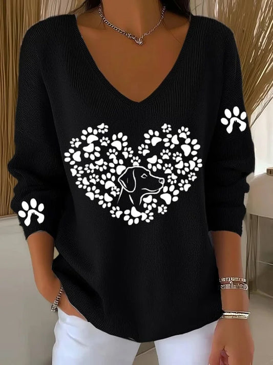 Women'S Dog Paw Heart Beat Print Casual V-Neck Ribbed Top