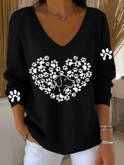 Women'S Dog Paw Heart Beat Print Casual V-Neck Ribbed Top