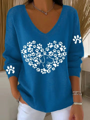 Women'S Dog Paw Heart Beat Print Casual V-Neck Ribbed Top