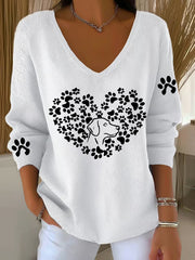 Women'S Dog Paw Heart Beat Print Casual V-Neck Ribbed Top