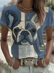 Women's Denim Patchwork Dog Printed T-shirt