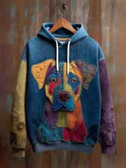 Vintage Patchwork Dog Print Art Casual Hoodie