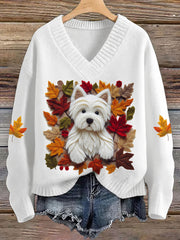 Women's Dog Maple Leaf V-neck imitation sweater