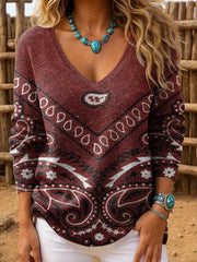 Women's Western Retro Pattern Print  V-Neck Ribbed Top