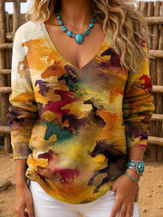 Women's Western Retro Horse Print  V-Neck Ribbed Top