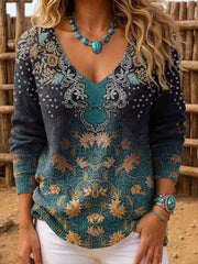 Women's Western Retro Pattern Print V-Neck Ribbed Top