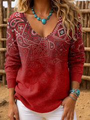 Women's Western Retro Pattern Print V-Neck Ribbed Top