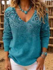 Women's Western Retro Pattern Print V-Neck Ribbed Top