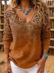 Women's Western Retro Pattern Print V-Neck Ribbed Top