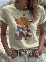 Women's  Western Retro Highland Cow Print Crew Neck T-Shirt