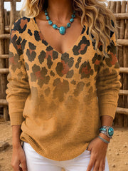 Women's Casual Retro Leopard Print Gradient  V-Neck Ribbed Top