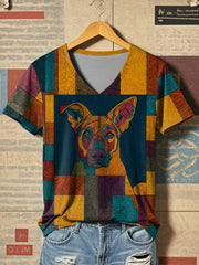 Women's Vintage Patchwork Dog Printed V-neck T-shirt
