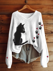 Women's Black Cat V-neck long-sleeved tops