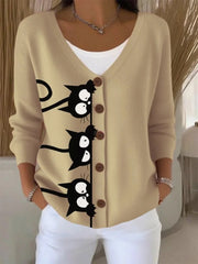 Women's Cute Cat Print Casual Cardigan