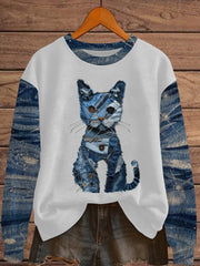 Women's Denim Patchwork Cat Print Sweatshirt