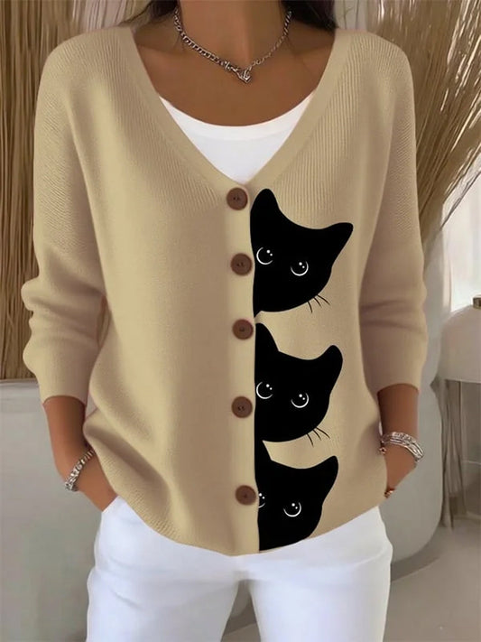 Women's Cute Cat Print Casual Cardigan