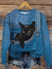 Women's Denim Cat Print Casual Sweatshirt