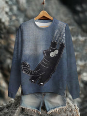 Women's Denim Cat Print Casual Sweatshirt