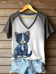 Women's Denim Cat Print V-neck T-shirt